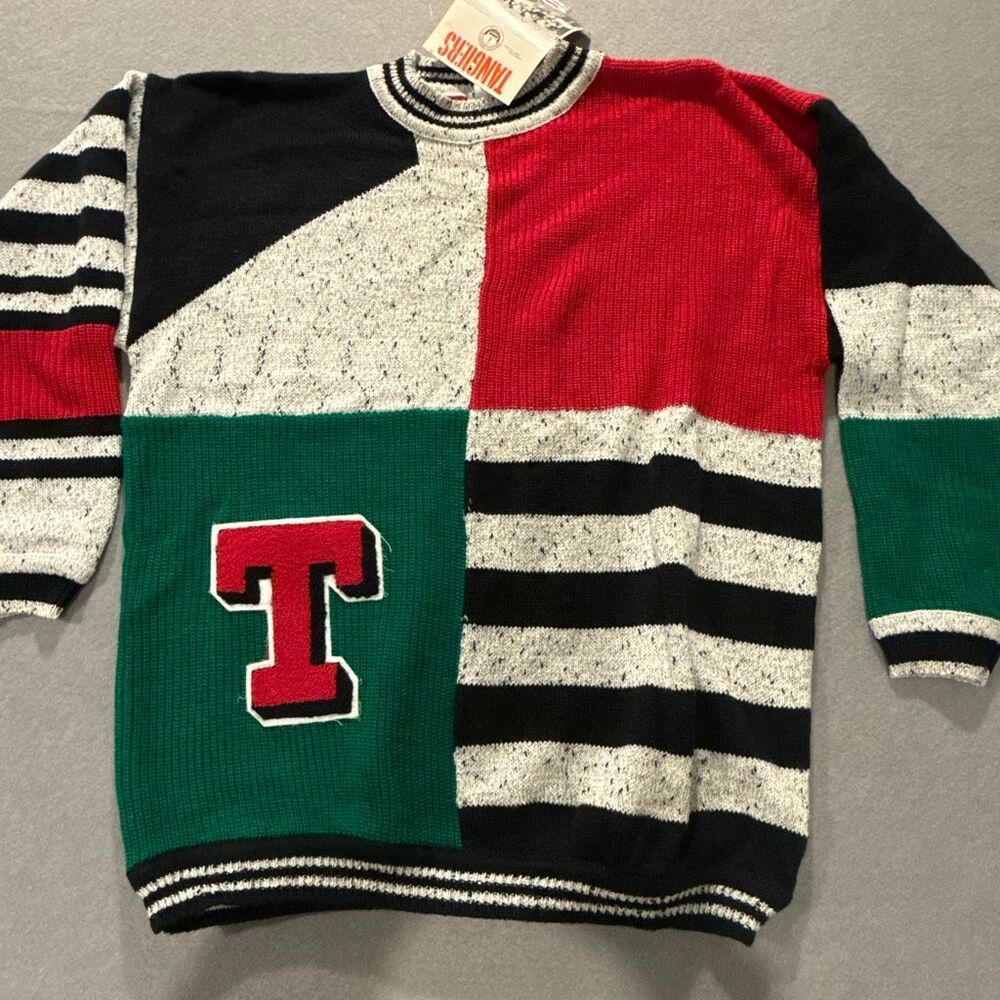 Vintage Tangiers Collegiate Colorblock Sweater Letter T NWT 80s 90s Deadstock